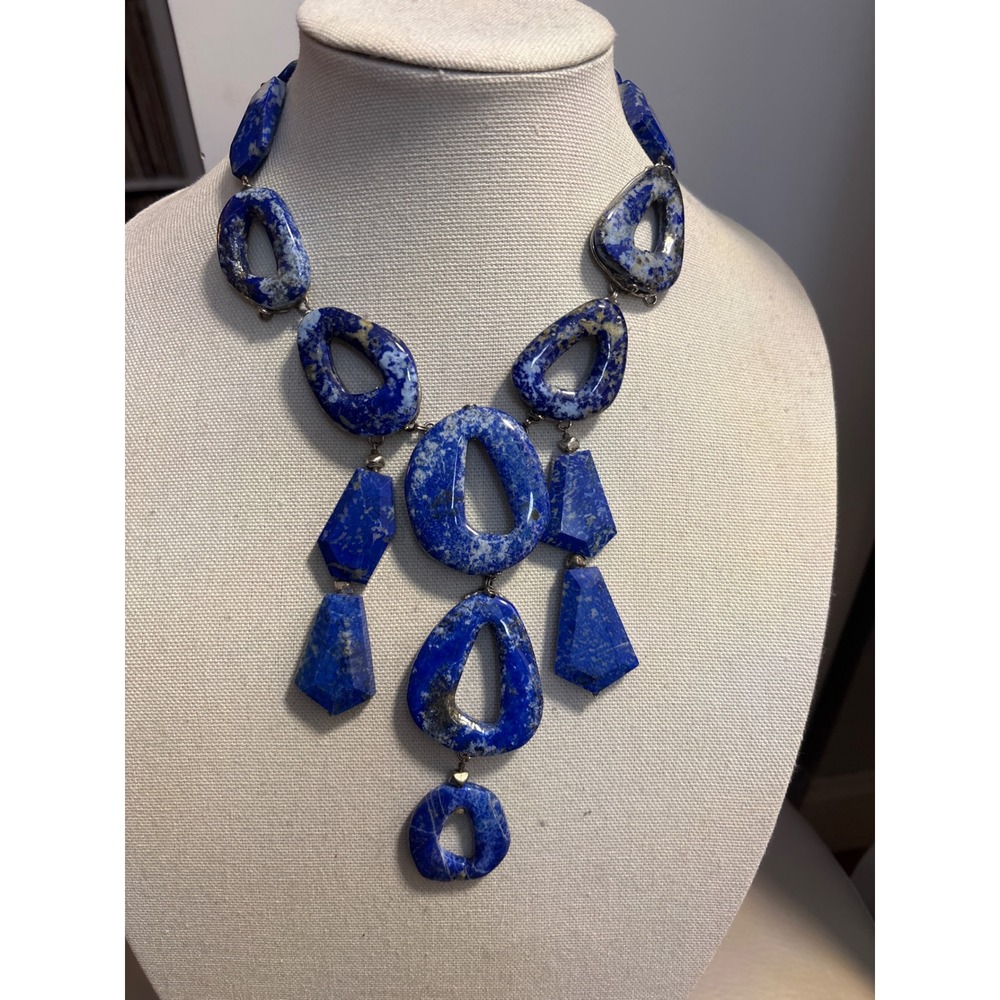 Statement Lapis Lazuli Gemstone Necklace Artisan Crafted Chunky Boho